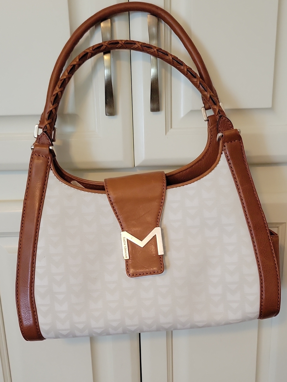 Michael Kors Cream and Brown Logo Shoulder Bag